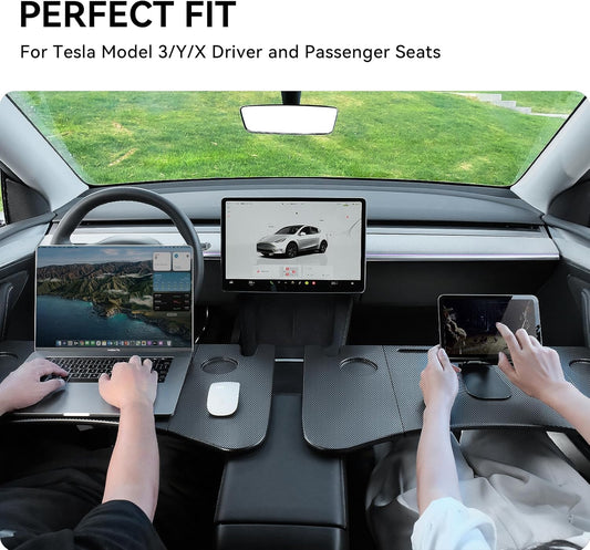 Ctmods Foldable Desk Food Tray (Carbon Edition) for Tesla Model Y/3/S/X- Upgraded Table with Support Leg for Dining, in-Car Work, Travel and Outdoor