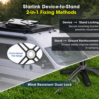 Starlink Mini and Gen 3 securing strap with device-to-stand locking and ground stake reinforcement options