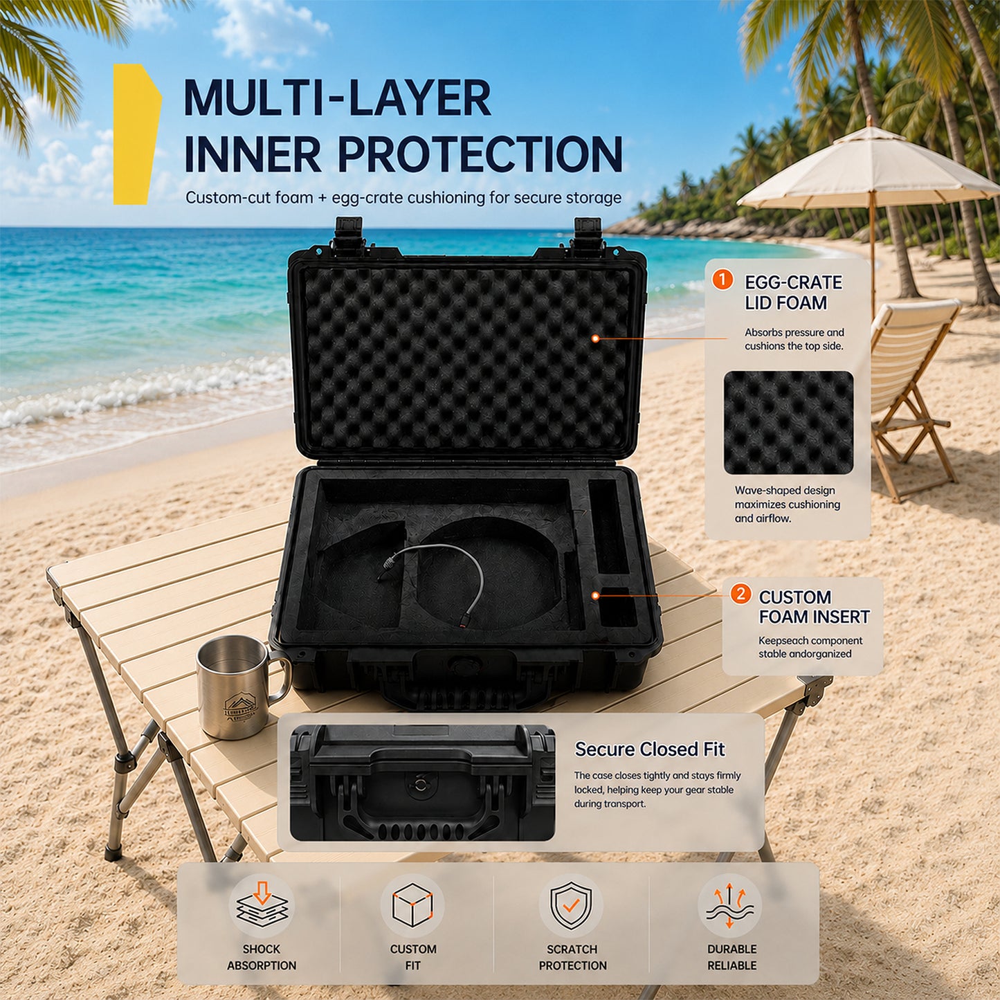 Black protective case with multi-layer inner protection features on a beach setting
