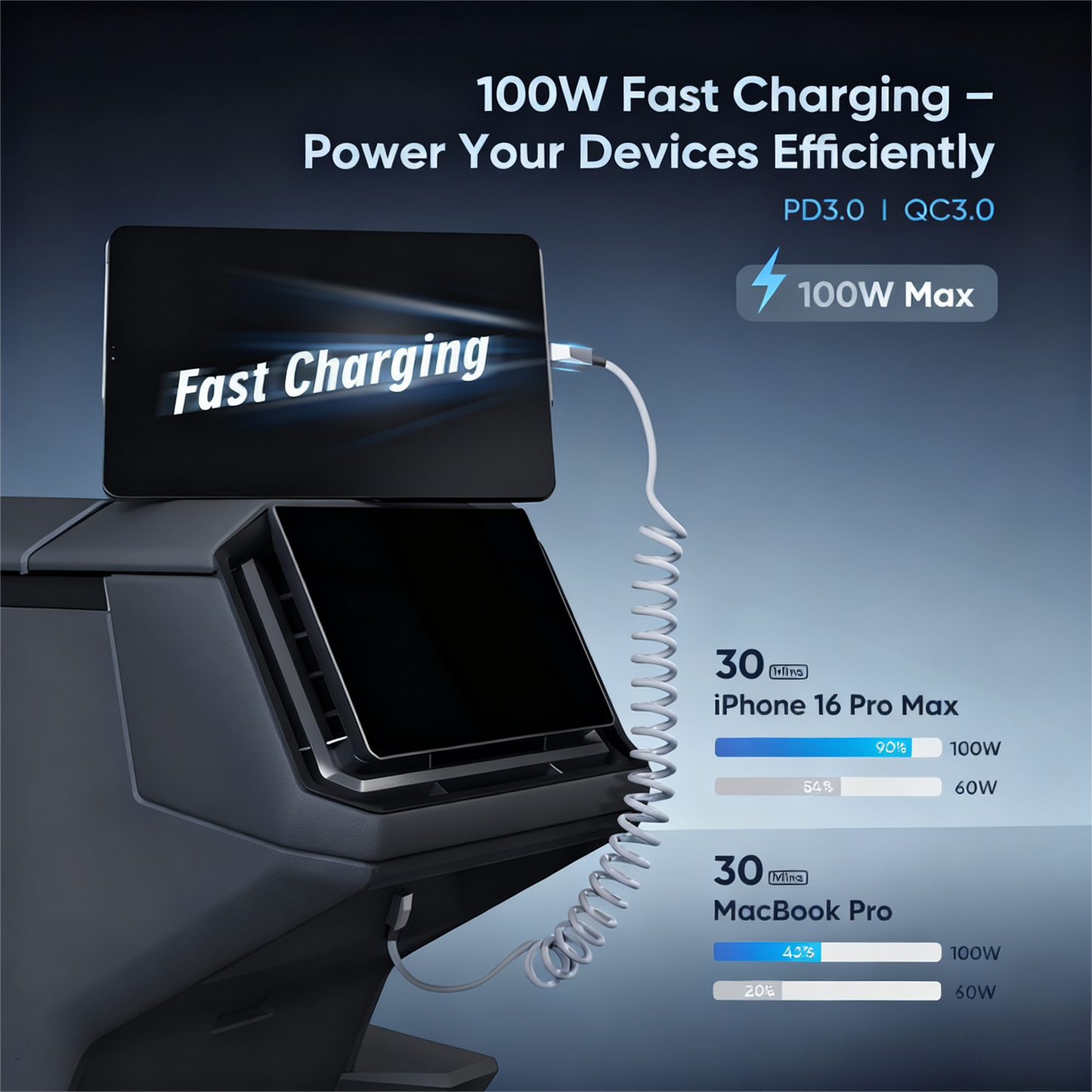 4ft (1.2m) Spring USB-C Cable for Tesla Model Y/3/X/S, Cybertruck-Style Accessories