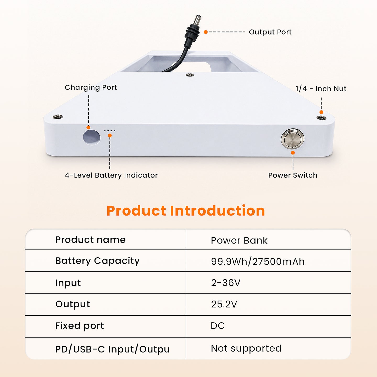 Starlink Mini power bank with charging port, output port, power switch and 4-level battery indicator