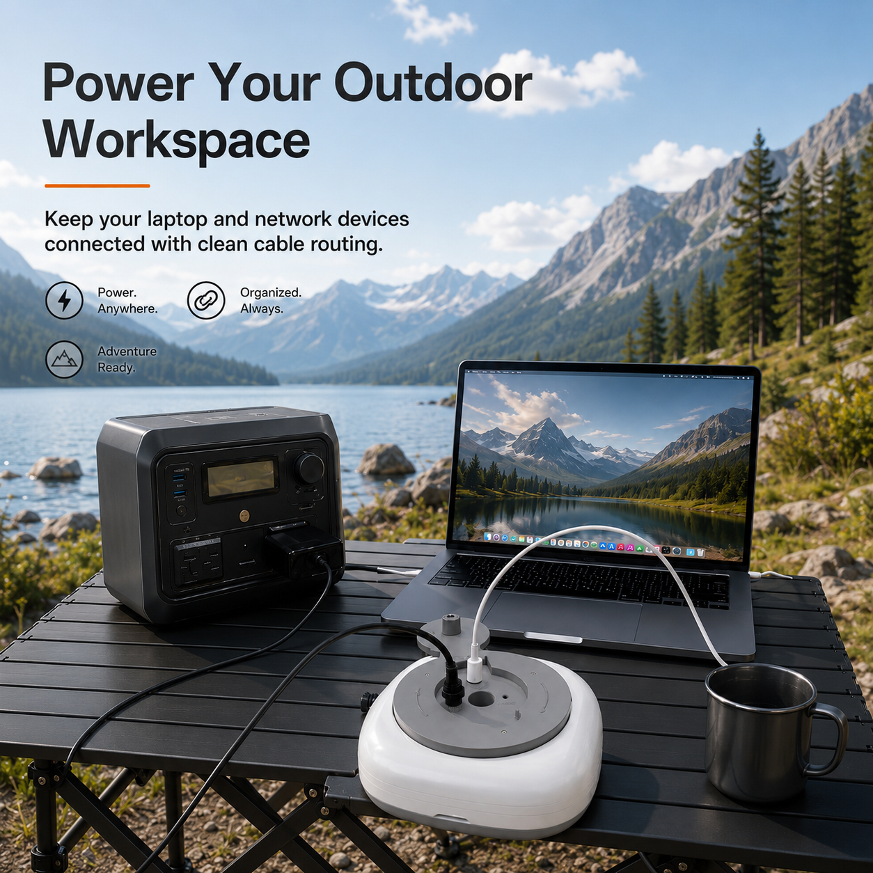 Outdoor workspace powered with cable storage hub power station laptop and Starlink Mini