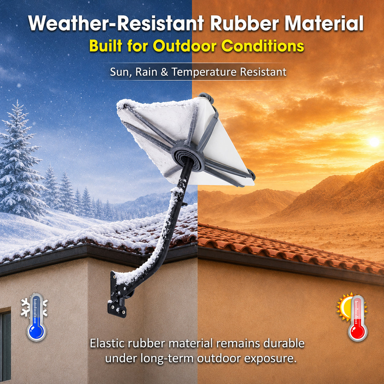 Weather-resistant elastic material for sun rain and temperature exposure