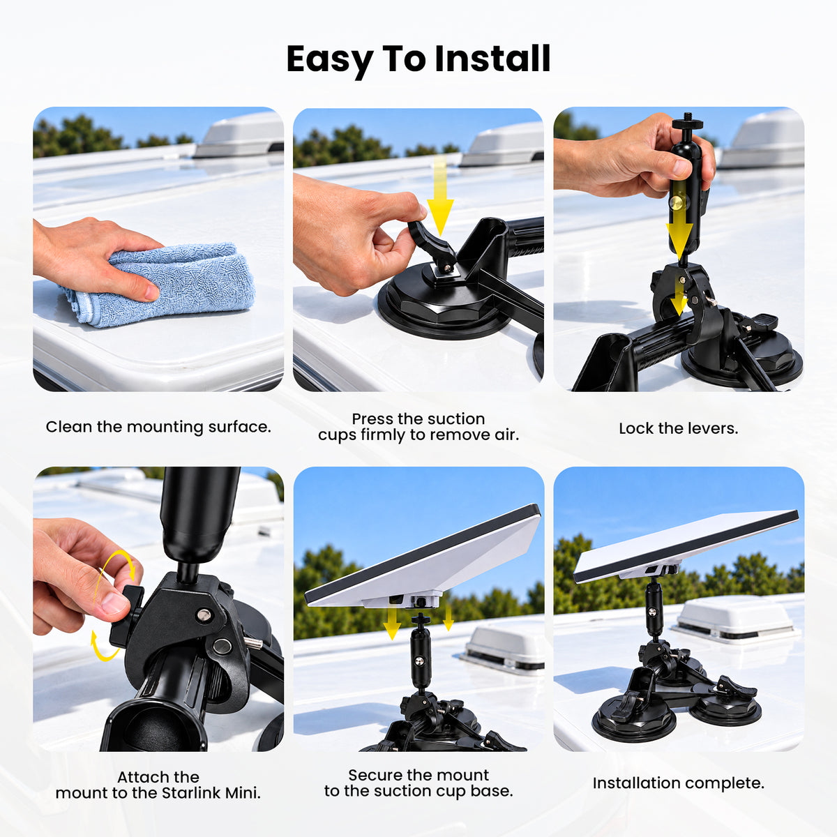 Easy to install Starlink Mini suction cup mount steps clean surface press suction cups lock levers attach mount and complete