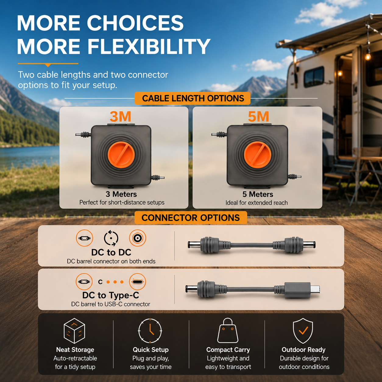 Starlink Mini cable reel options in 3m and 5m lengths with DC to DC and DC to Type-C connectors