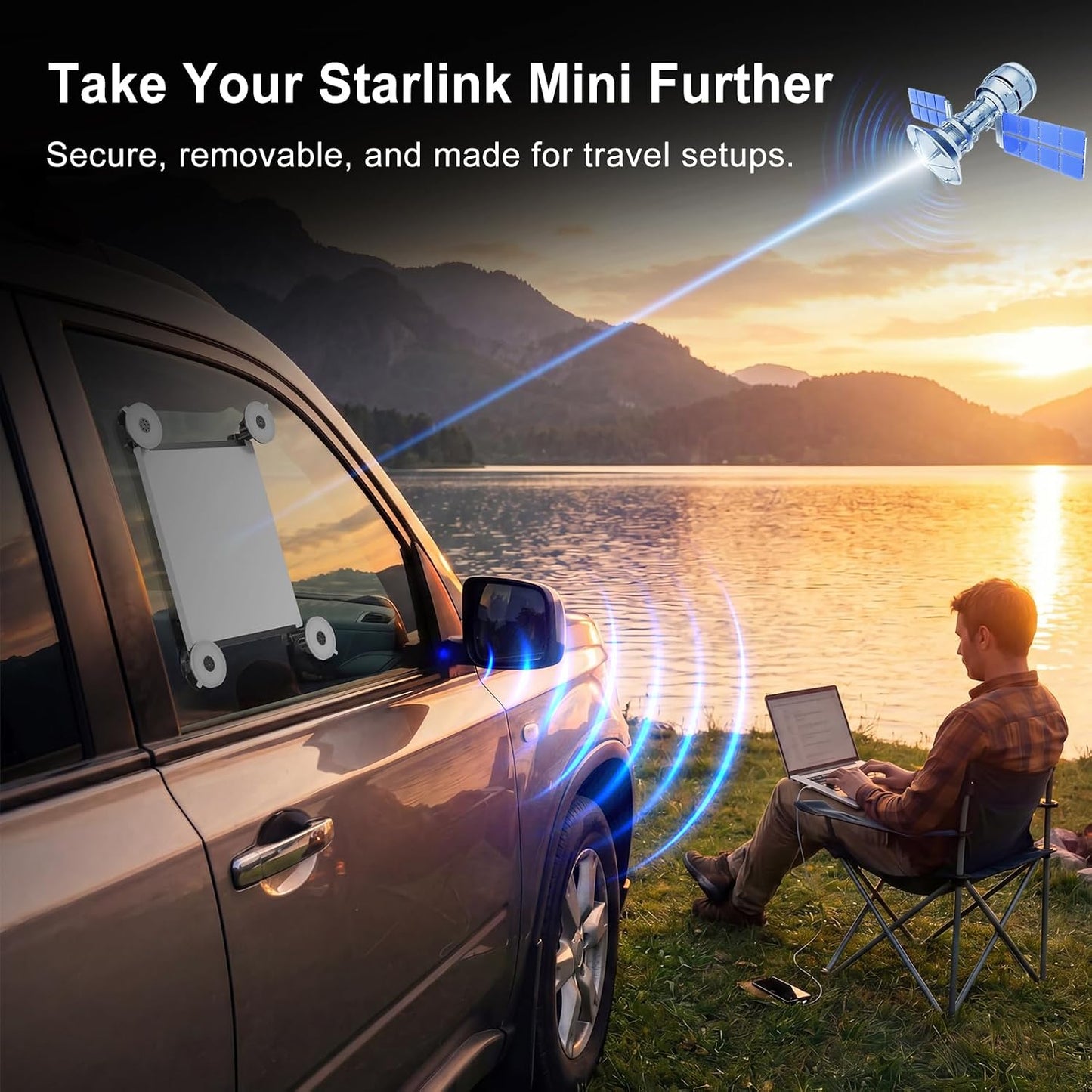 Starlink Mini suction mount on vehicle window for lakeside remote work and travel internet