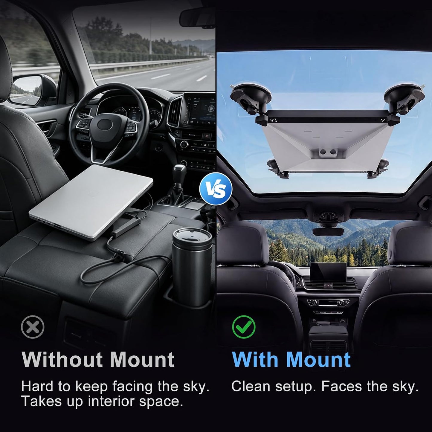 Without mount versus with mount Starlink Mini clean setup facing the sky
