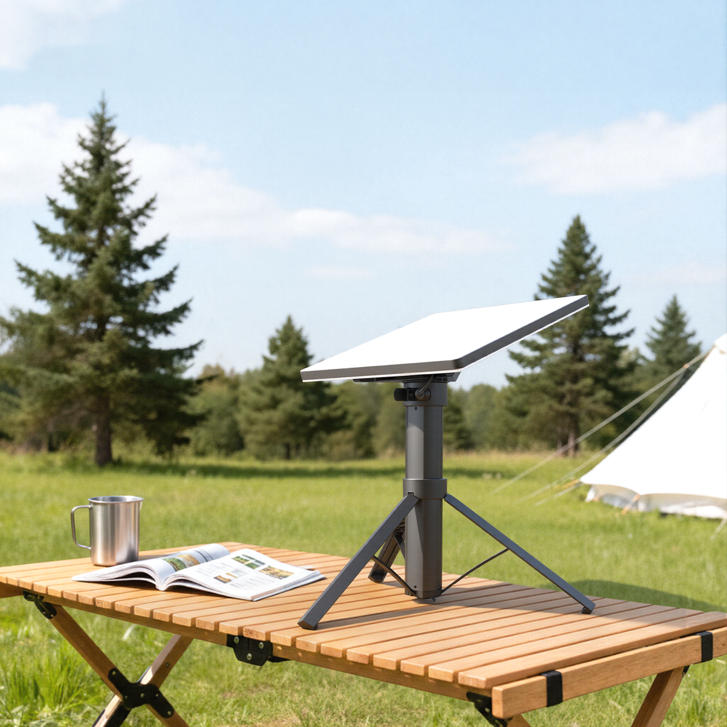 CTMods Starlink Mini power stand set up on a camping table with tripod support for stable outdoor internet use