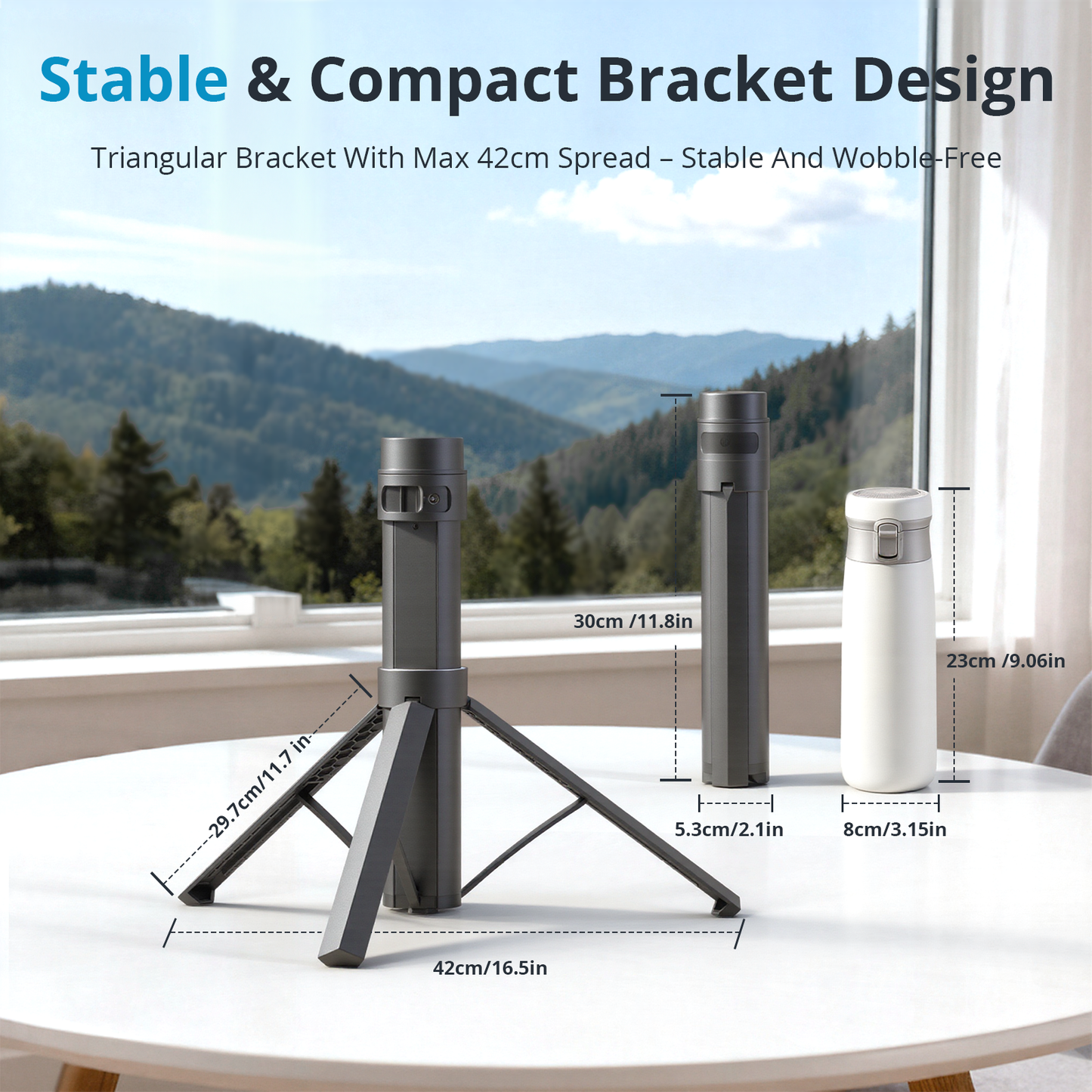 CTMods Starlink Mini power stand showing compact folded size, triangular tripod structure and stable bracket dimensions on tabletop