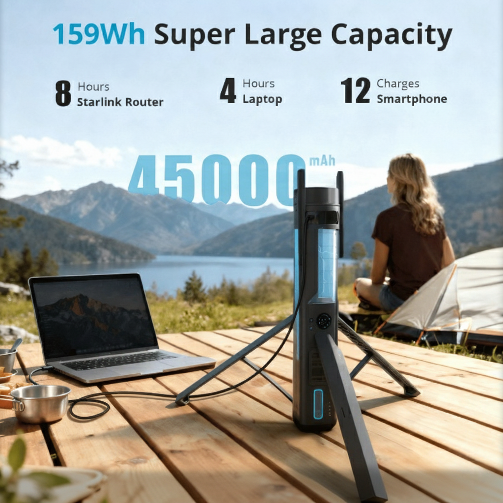 CTMods Starlink Mini power stand with 45000mAh battery powering laptop during outdoor camping and remote internet use