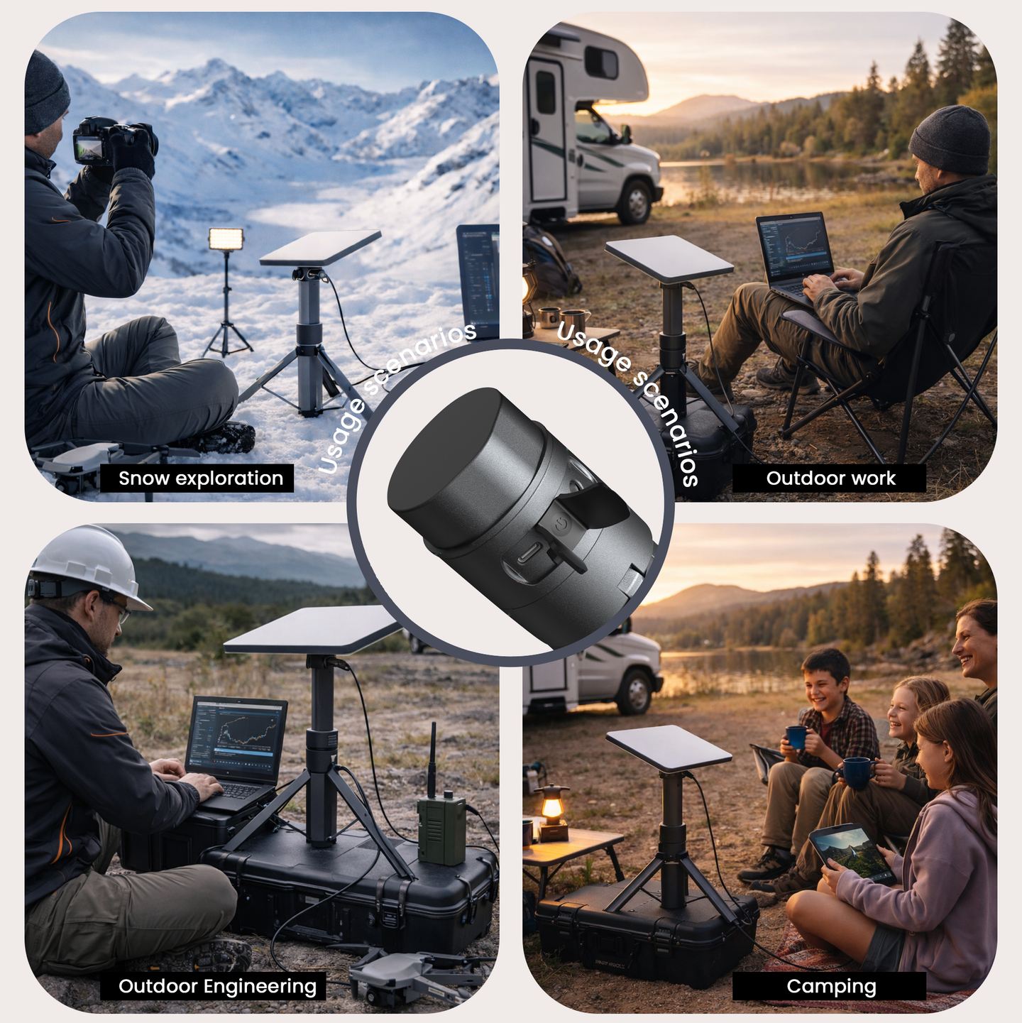 CTmods Starlink Mini Mobile Power Stand, ideal for various outdoor activities such as snow exploration, outdoor work, engineering projects, and camping, offering reliable power and easy setup
