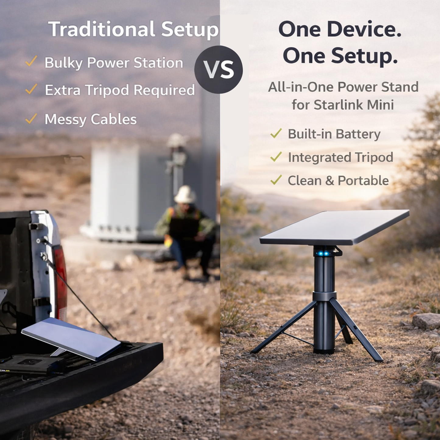 CTmods Starlink Mini Power Bank Stand, all-in-one setup with built-in battery and integrated tripod, offering a clean and portable solution for outdoor use compared to bulky, messy traditional setups