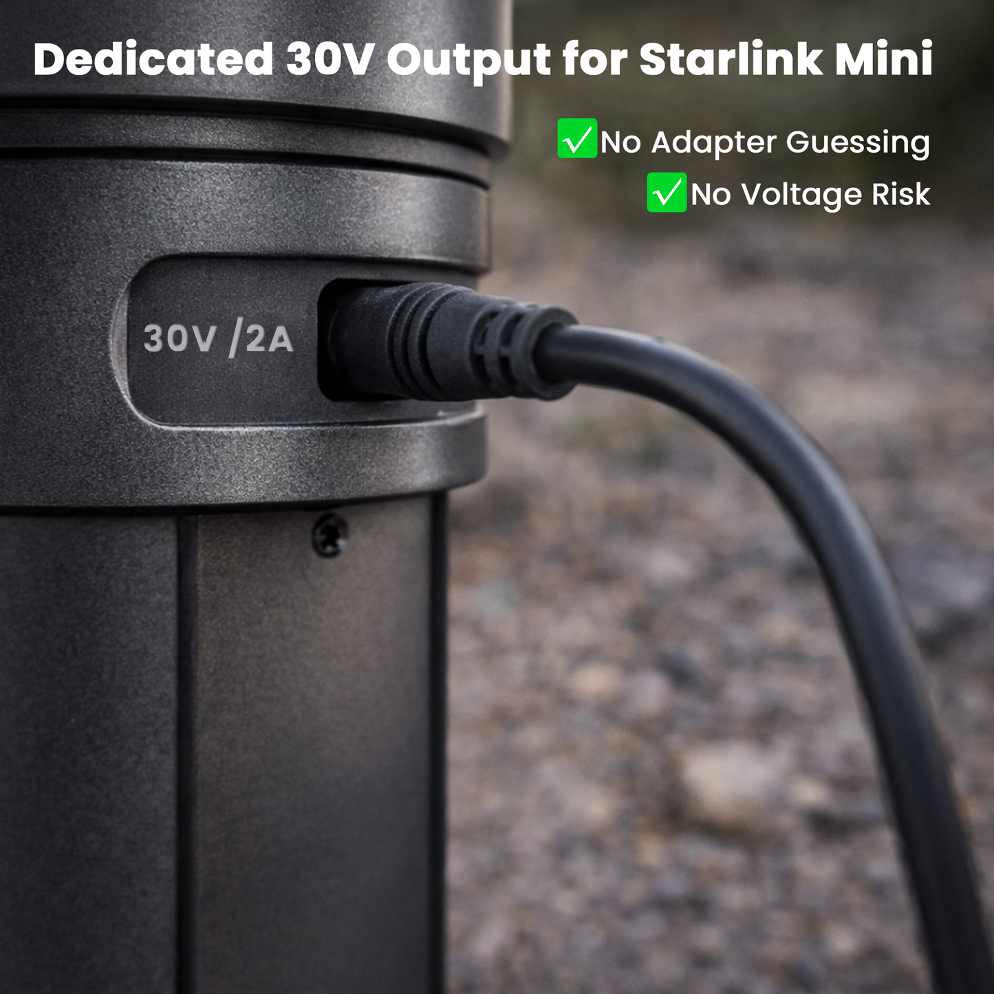 CTmods Starlink Mini Power Bank with dedicated 30V/2A output, ensuring safe and reliable charging with no adapter guessing or voltage risk