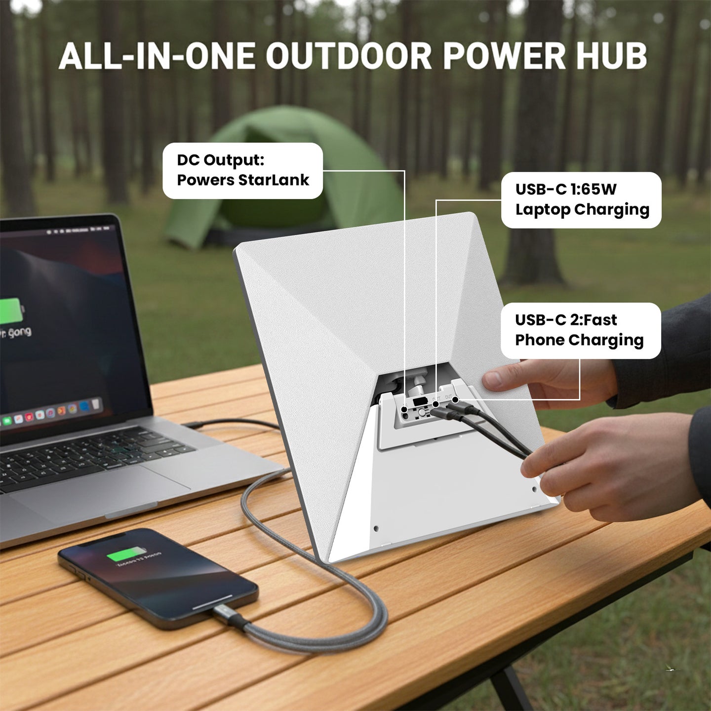 CTmods all in one outdoor power hub powering Starlink Mini laptop and phone via DC and USB C ports at campsite workspace