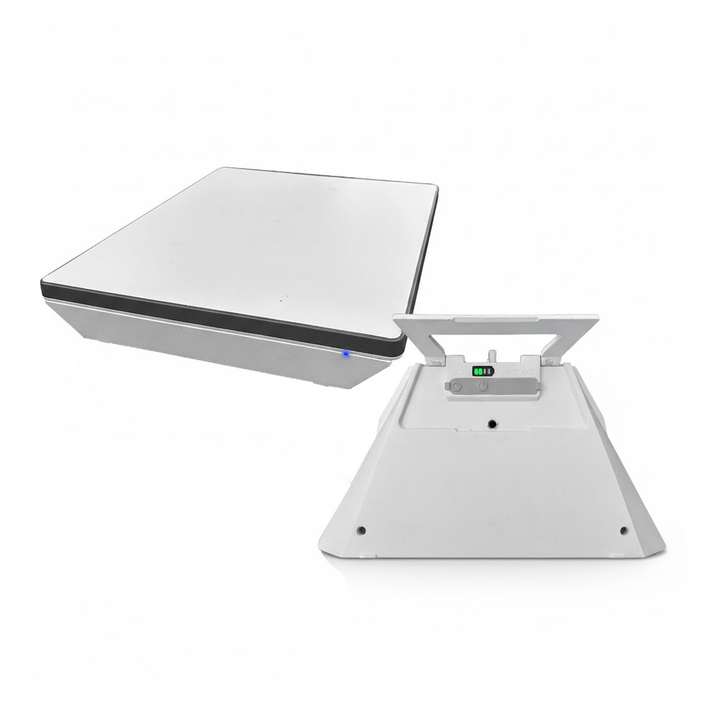 CTmods portable power bank for Starlink Mini shown in front and rear views with active status light and built-in kickstand