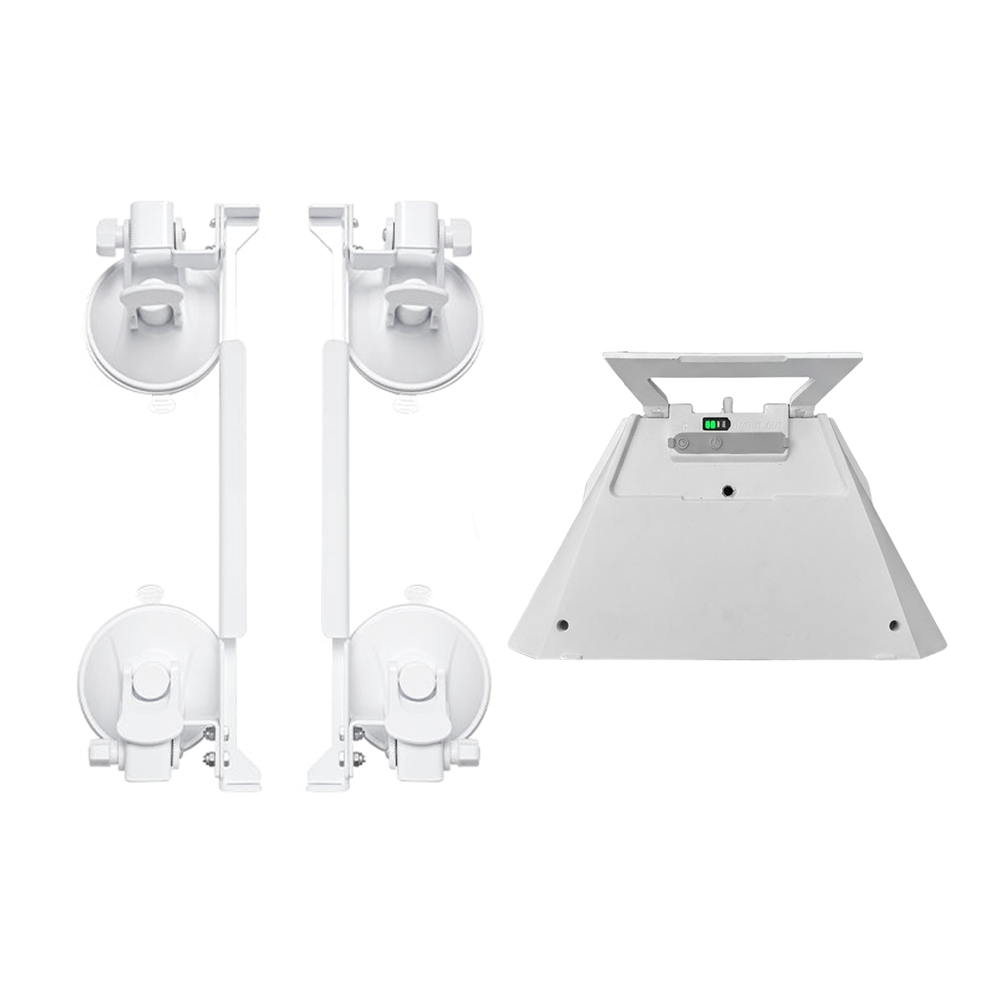 CTmods portable power bank for Starlink Mini shown with compatible suction cup mounts for flexible surface installation