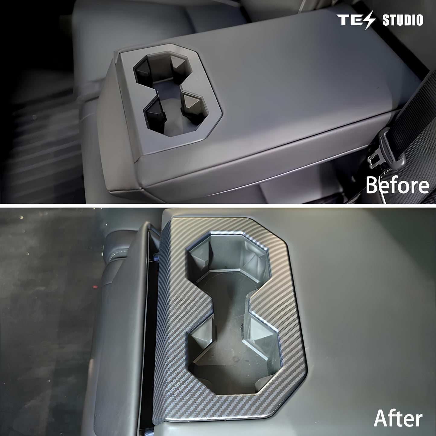 Cybertruck Accessories Rear Seat Cup Holder Frame Trim Cover CTmods® (Carbon Fiber Pattern ABS)