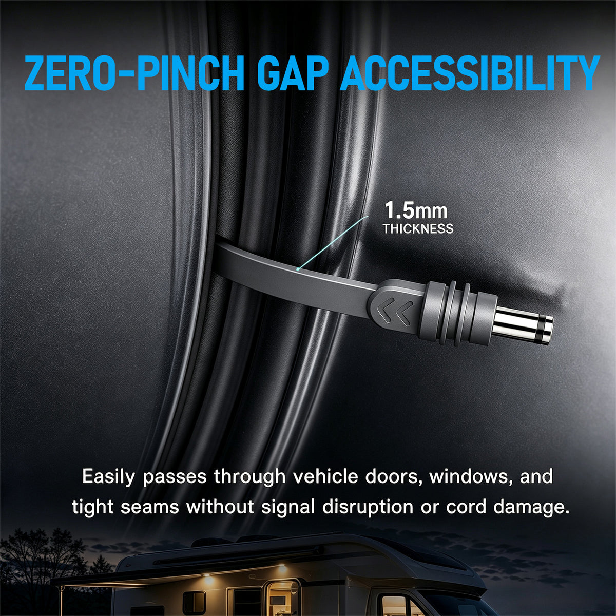 Zero-pinch gap accessibility flat DC cable passing through vehicle doors windows and tight seams
