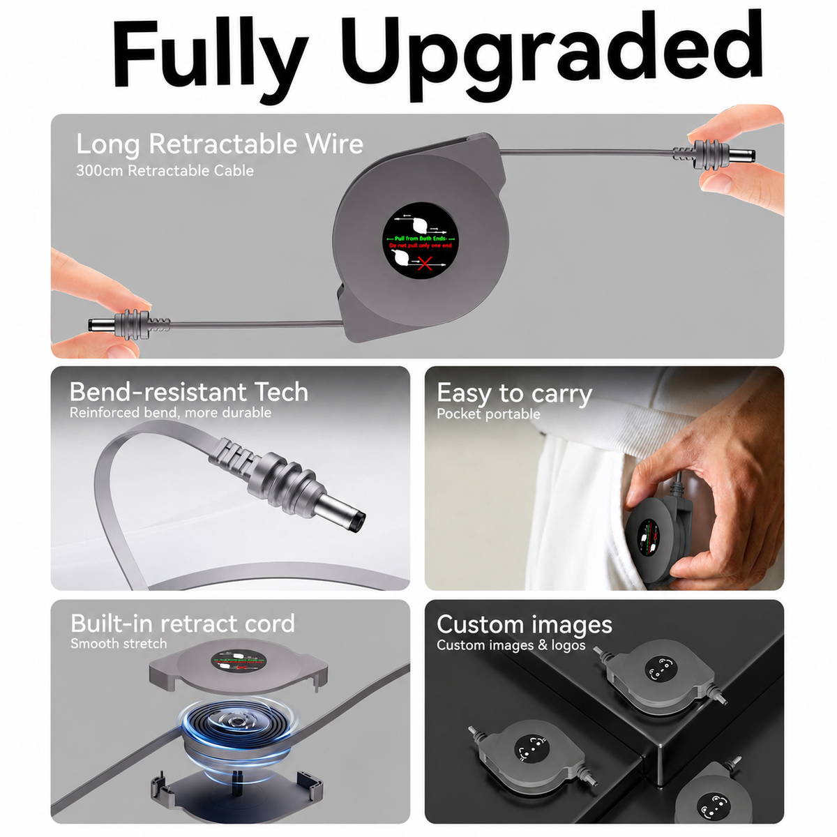 Fully upgraded retractable DC cable long wire bend resistant portable built-in retract cord