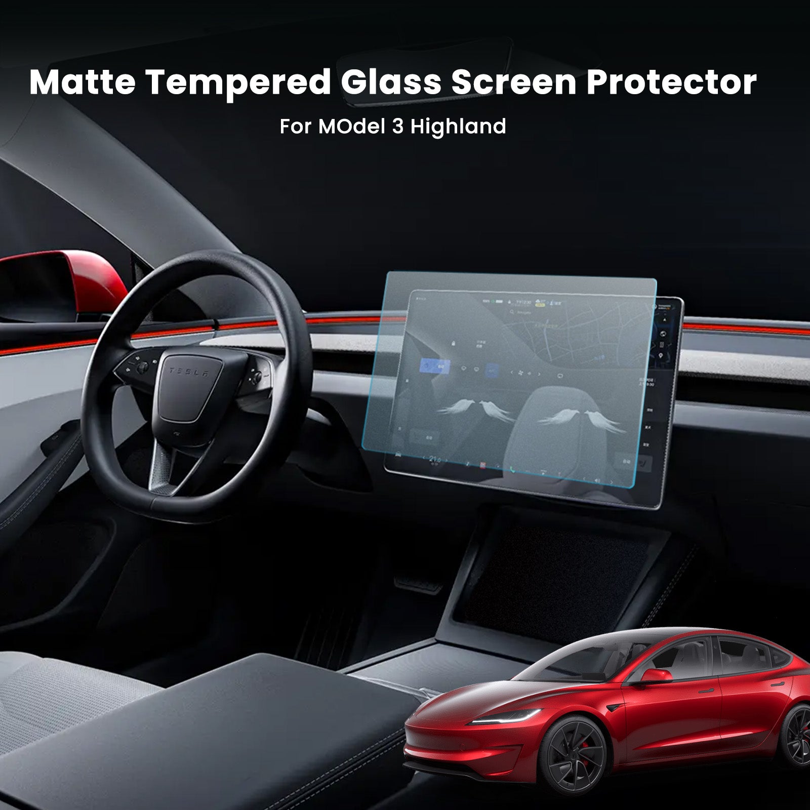 Tesla Model 3 Highland Model Y Juniper Tempered Glass Screen Protector Set for Front & Rear Displays