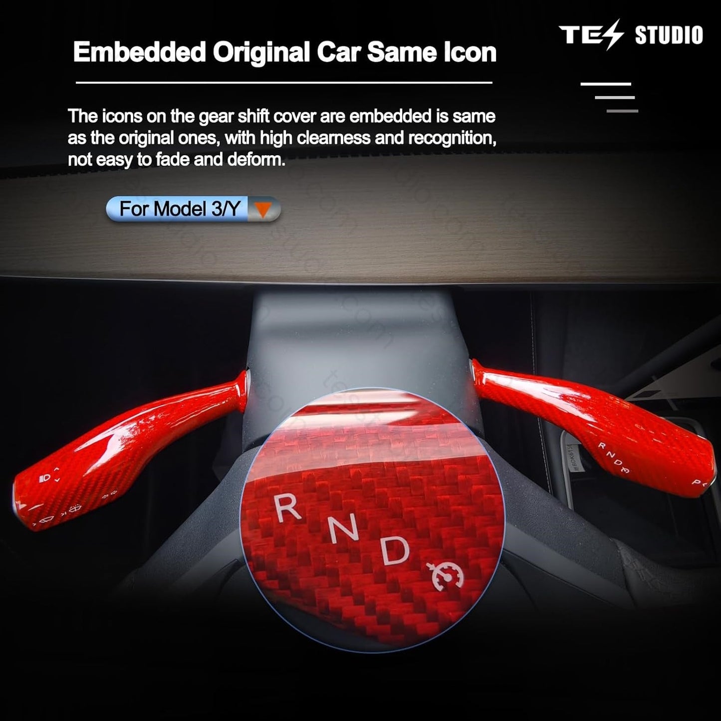 Model Y/3 Real Carbar Steering Lever Trim Cover with Gear Shift Cover Tesstudio