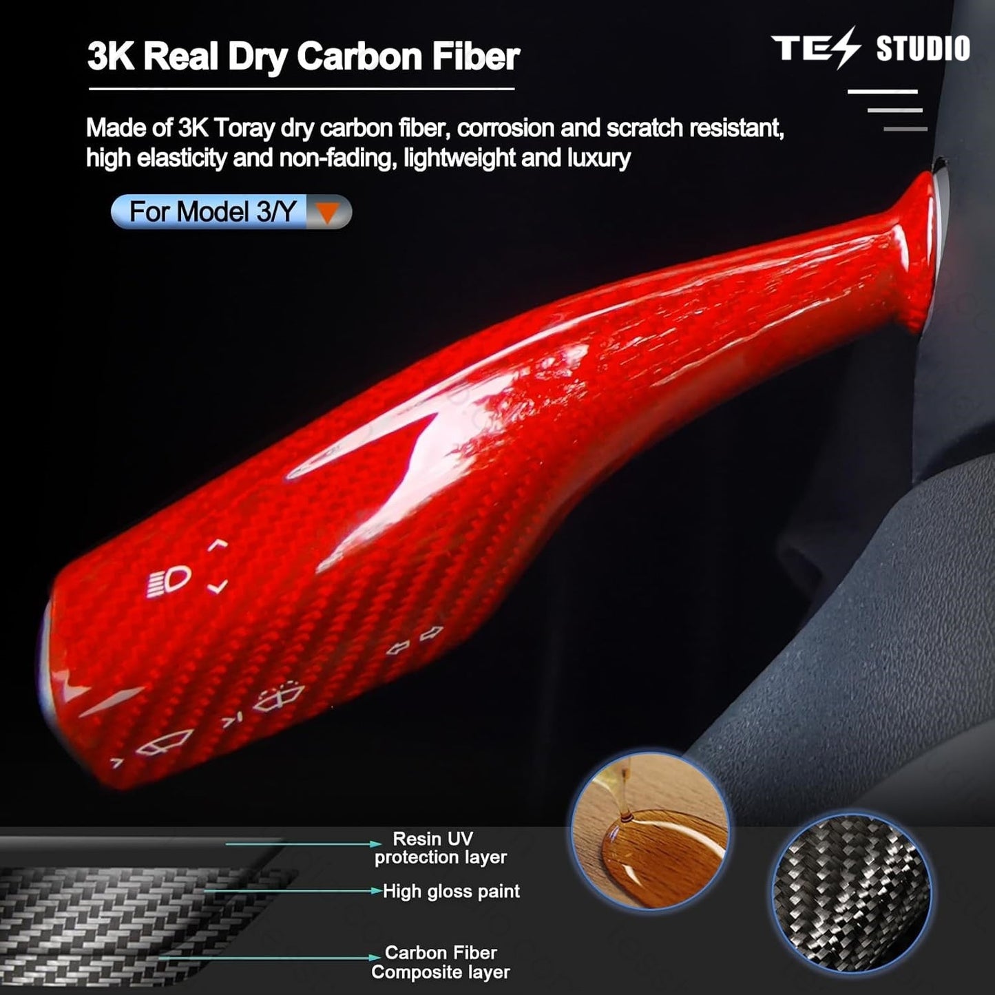 Model Y/3 Real Carbar Steering Lever Trim Cover with Gear Shift Cover Tesstudio