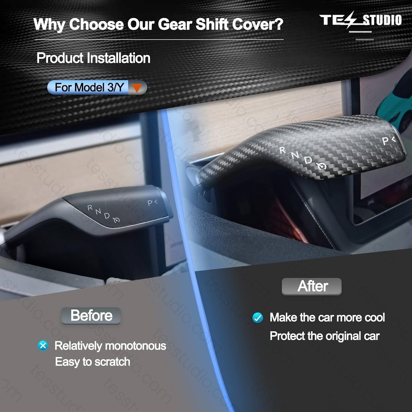 Model Y/3 Real Carbar Steering Lever Trim Cover with Gear Shift Cover Tesstudio