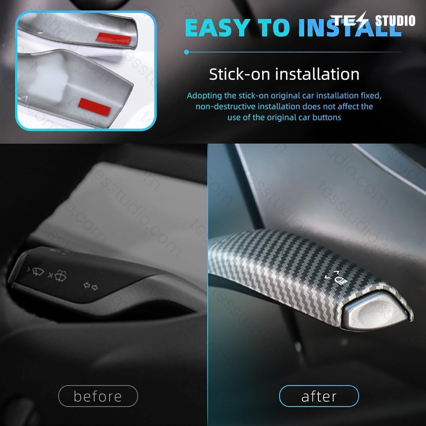 Model Y/3 Real Carbar Steering Lever Trim Cover with Gear Shift Cover Tesstudio