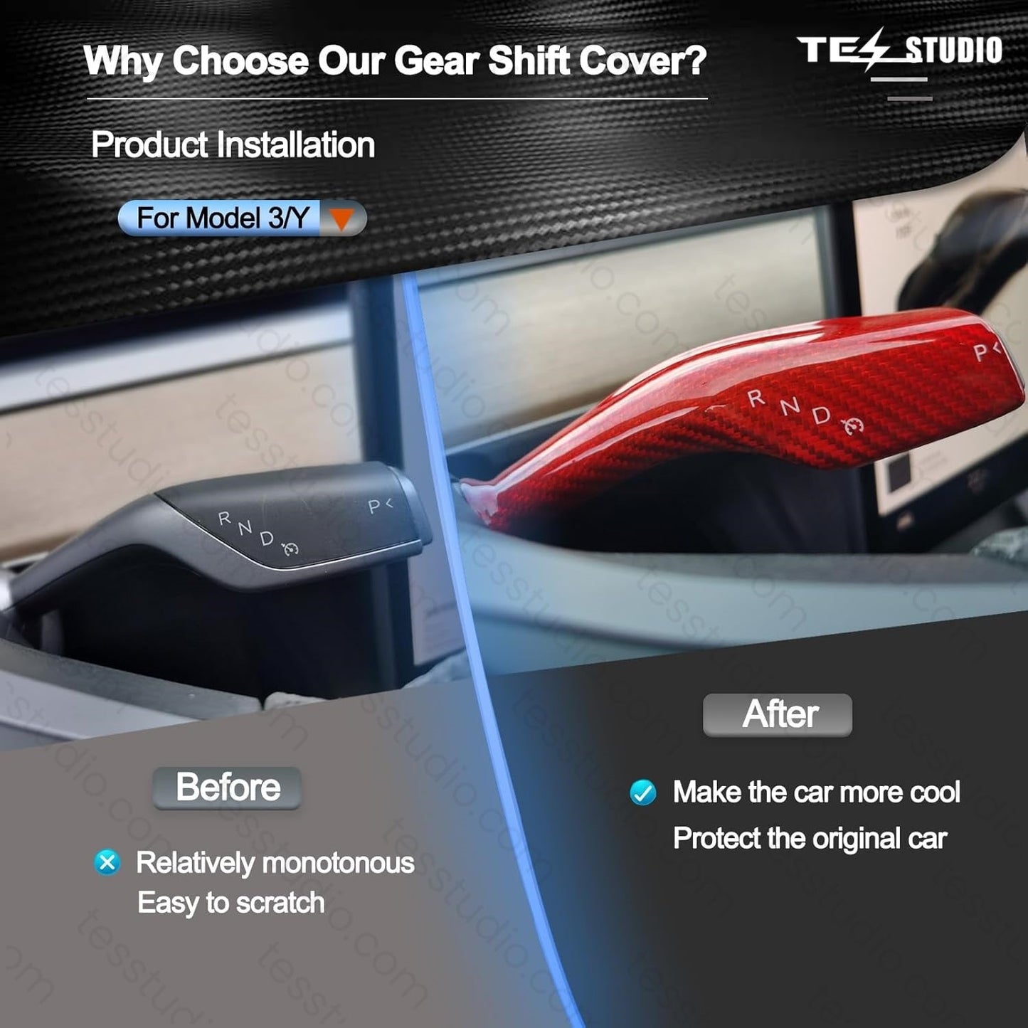 Model Y/3 Real Carbar Steering Lever Trim Cover with Gear Shift Cover Tesstudio