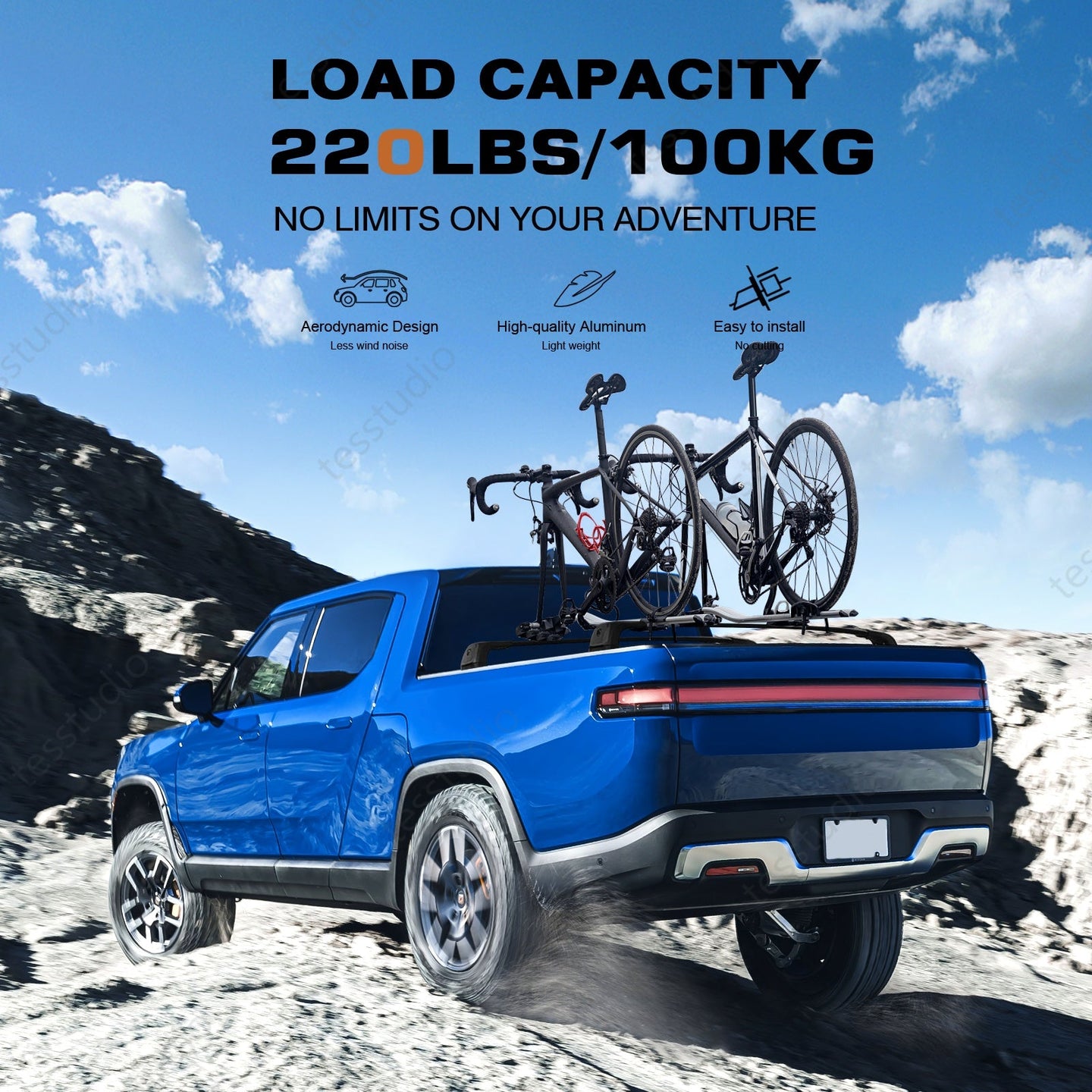 Rivian R1T Accessories Lockable Racks Roof Truck Pickup Bed Heavy Roof Rails Crossbars Rooftop Cargo Carrier Luggage Tesstudio®