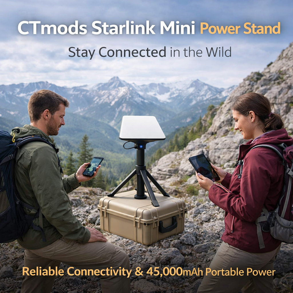 CTmods Starlink Mini Power Stand with 45000mAh Battery for Reliable Connectivity During Hiking and Travel