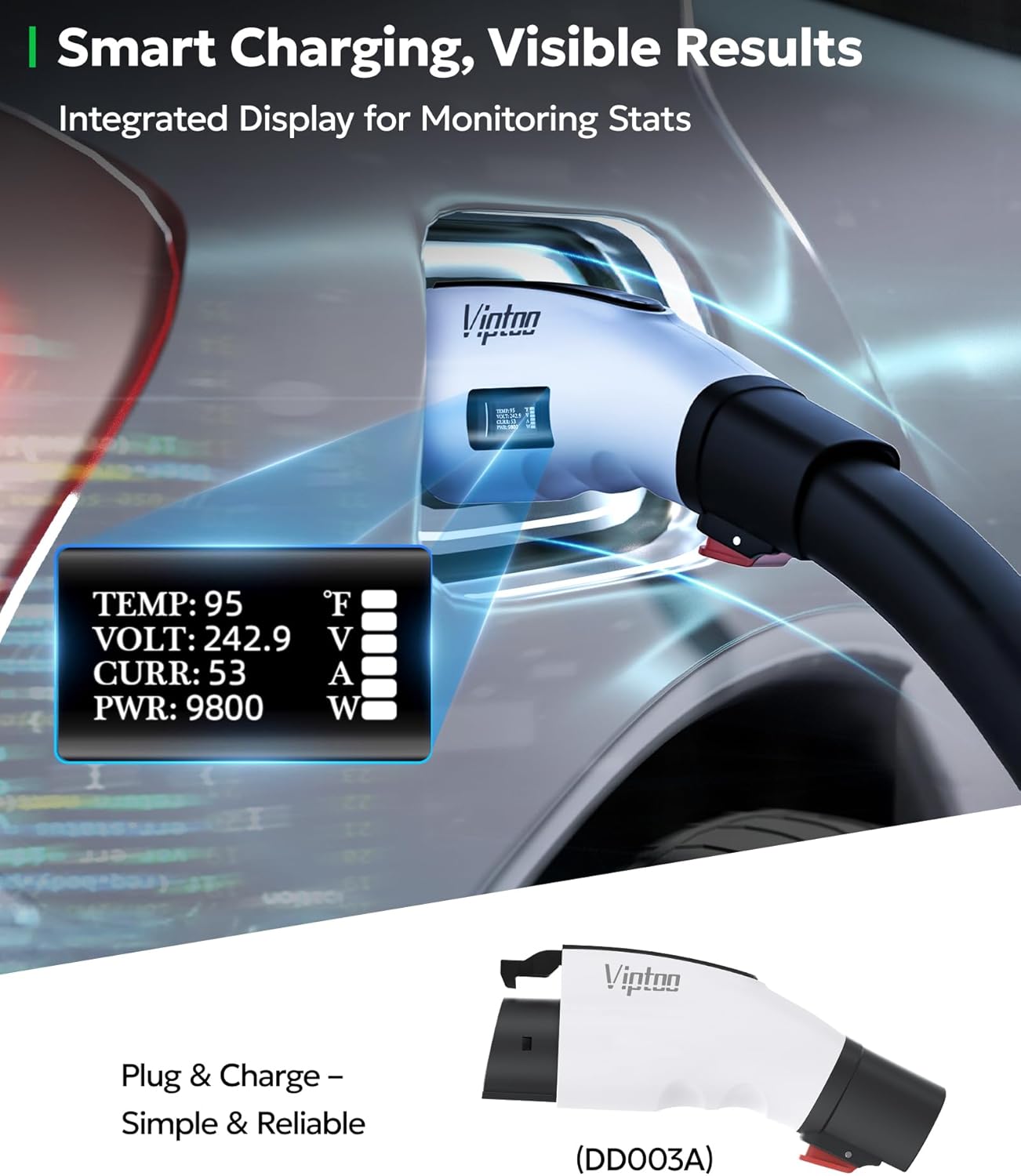 For Tesla Charging Plug to J1772 Adapter With Screen Display & Press-Lock Design