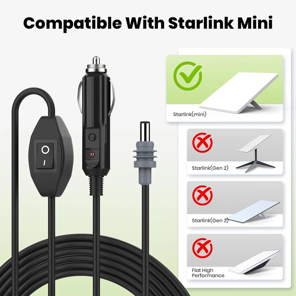 Car Charger to DC Cable with Switch for Starlink Mini (10ft/3M)