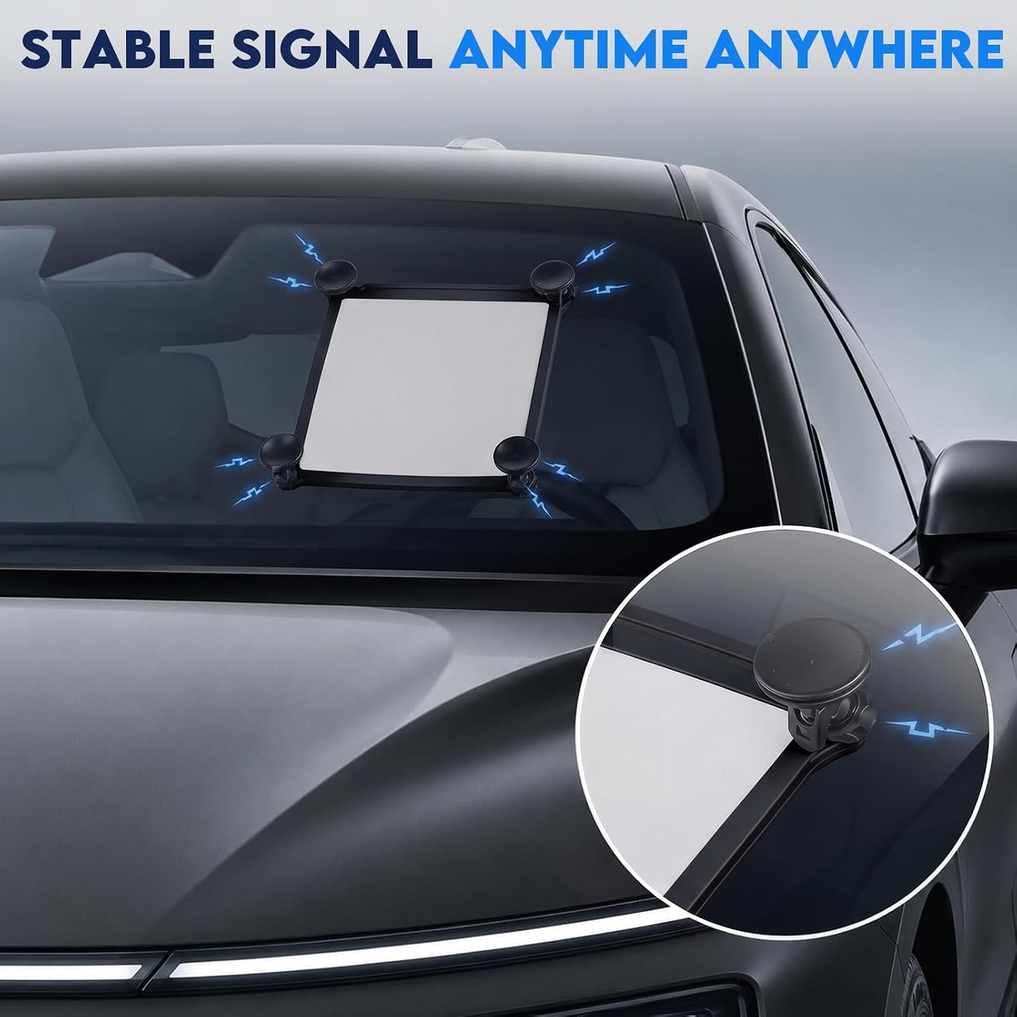 Starlink Mini silicone case mounted on vehicle windshield with 4 suction cups