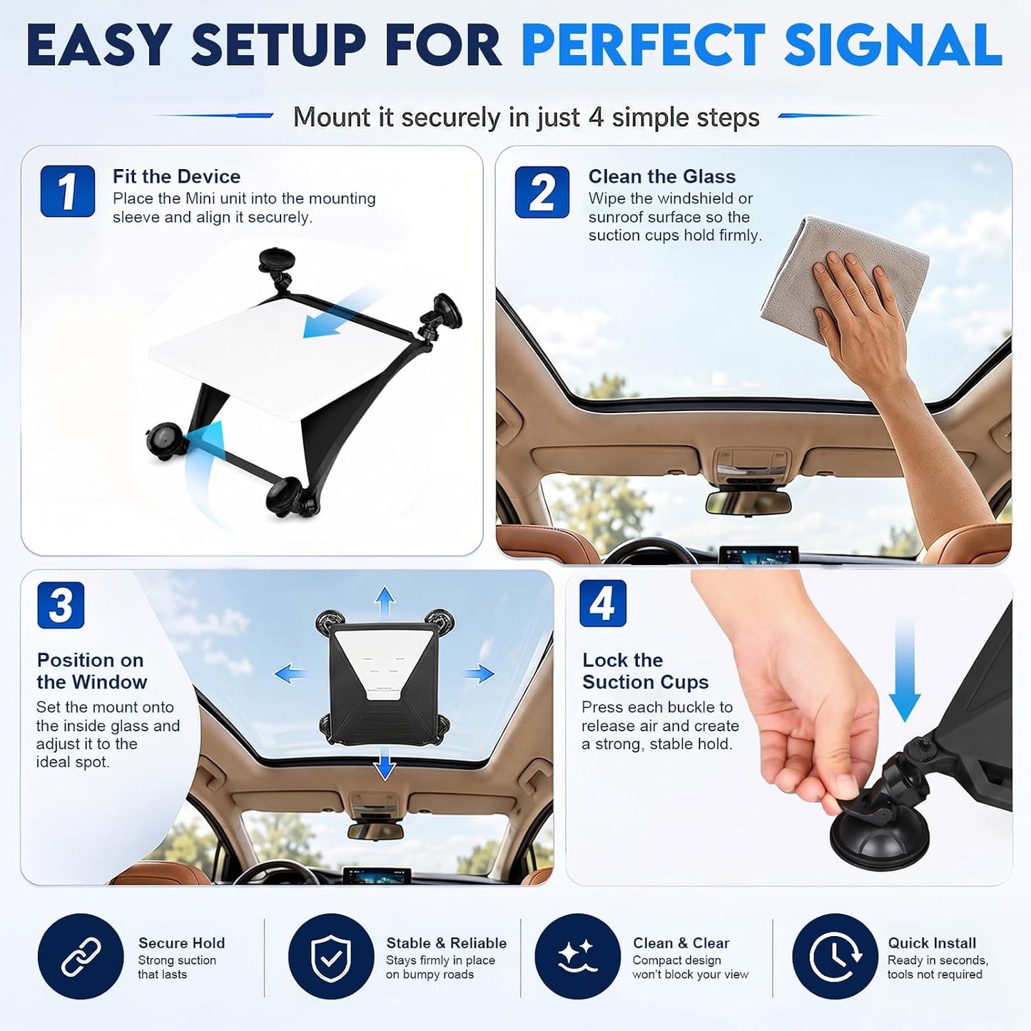 Starlink Mini silicone suction mount four-step setup clean glass position and lock suction cups