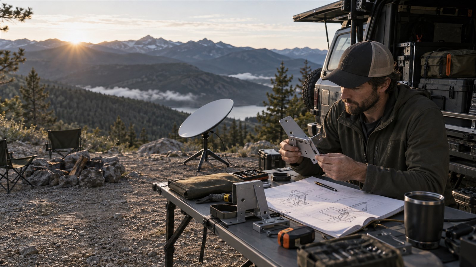 A product designer reviewing an early mounting prototype beside an overland camper at sunrise