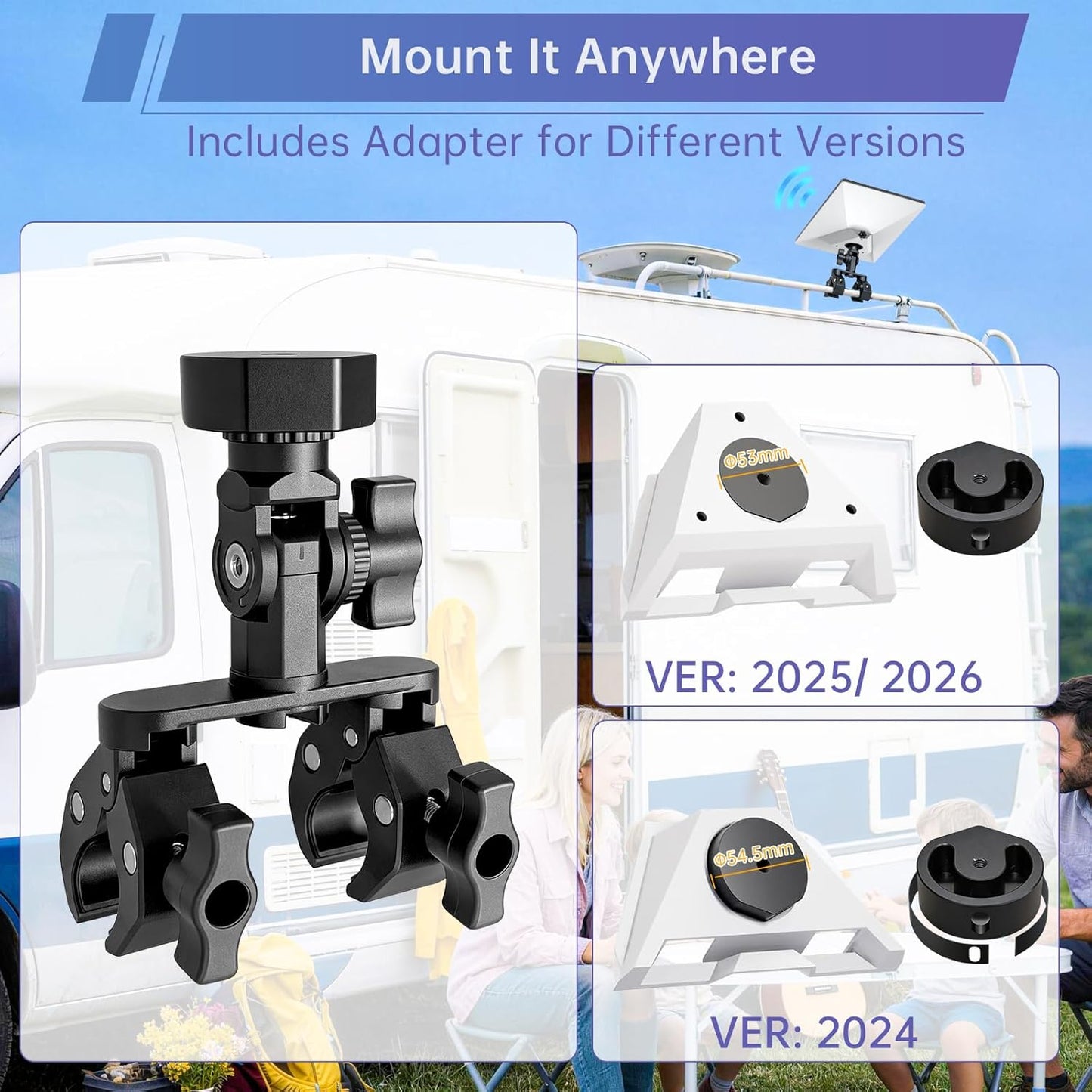 Starlink Mini dual clamp mount includes adapter versions for 2024 2025 and 2026