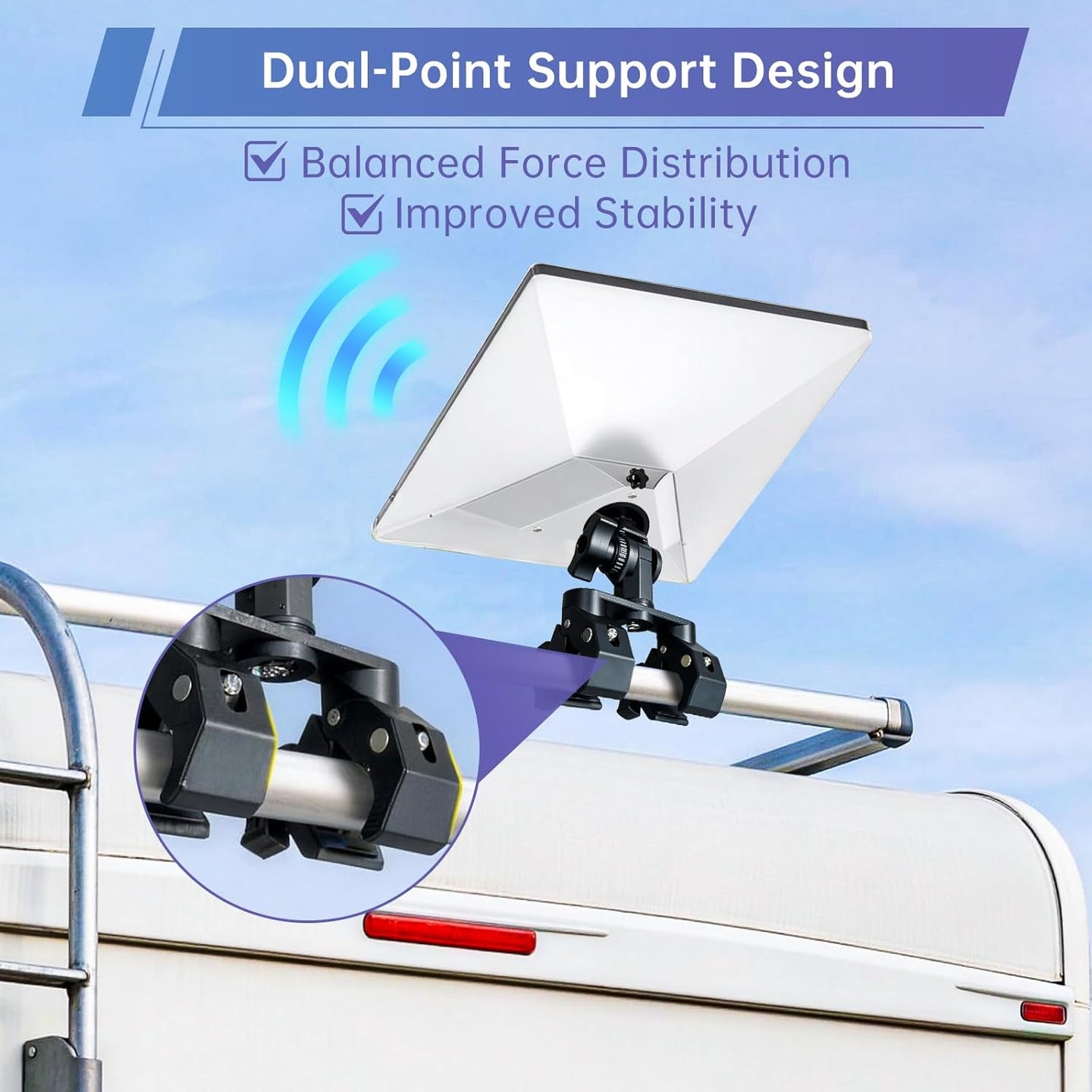 Starlink Mini dual-point support mount installed on RV roof rail for stable satellite internet