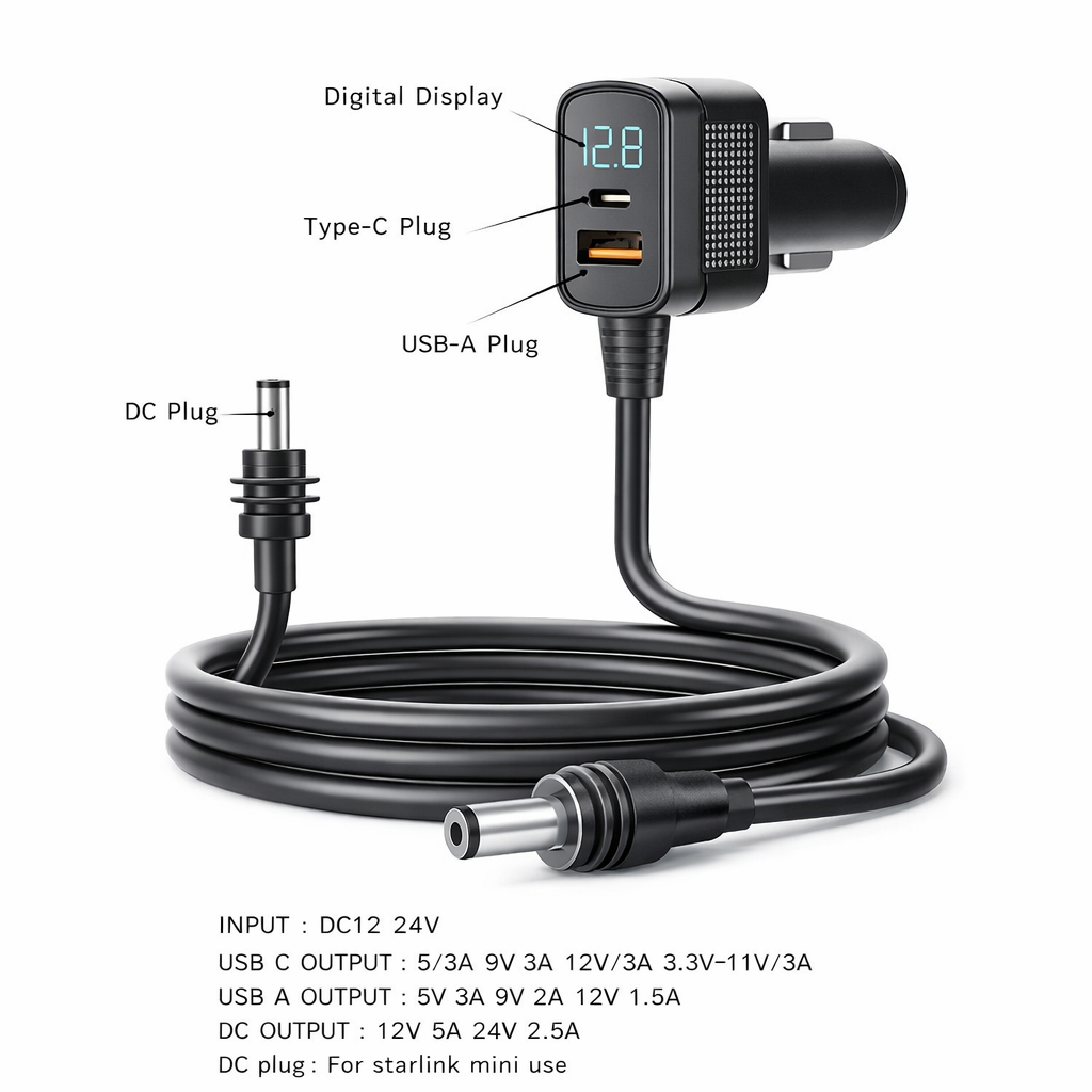 Starlink Mini Car Charger Cable Digital Display 3-in-1 view 9