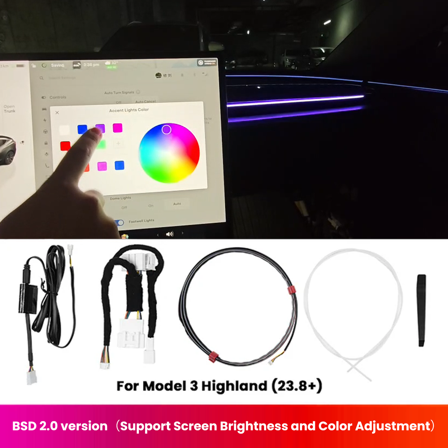 BSD 2.0 Blind Spot Warning System For Tesla Model 3 Highland / Y Juniper/Cybertruck Ambient Lighting