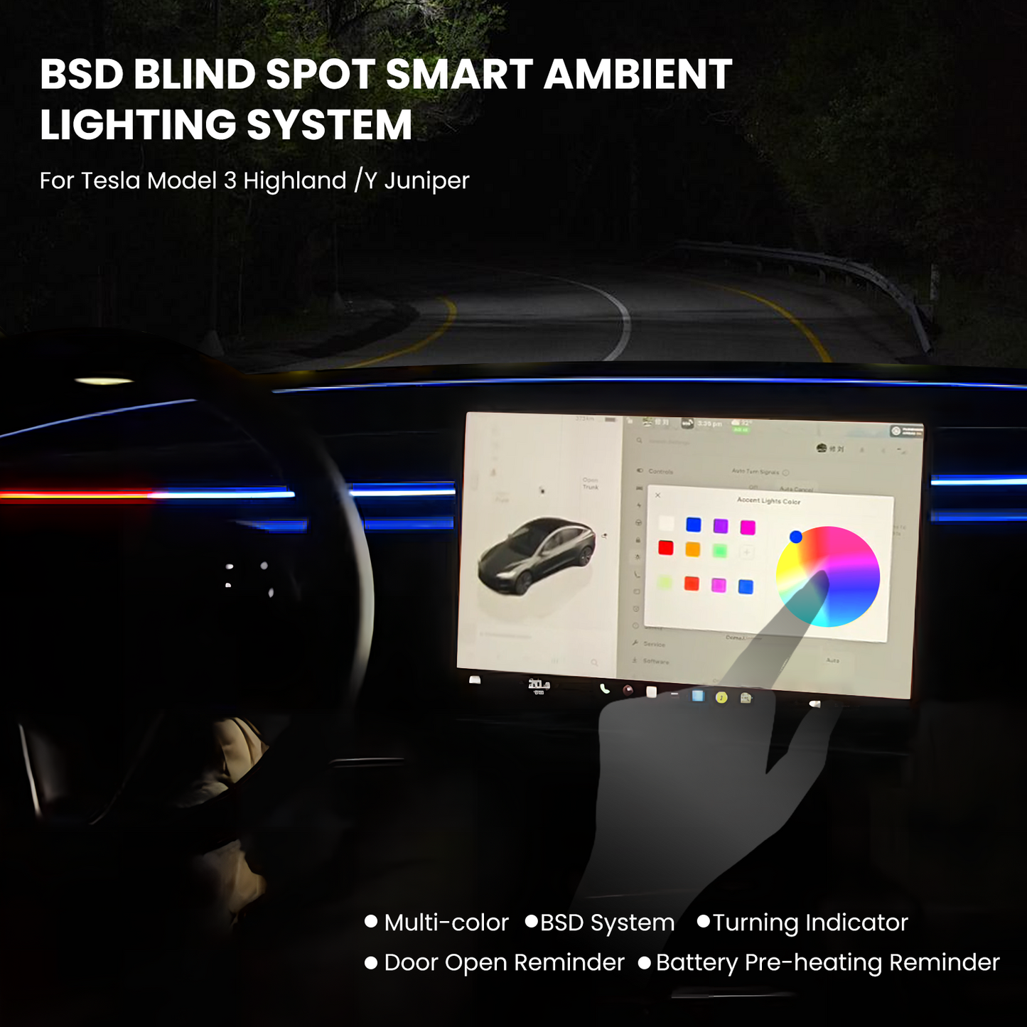 BSD 2.0 Blind Spot Warning System For Tesla Model 3 Highland / Y Juniper/Cybertruck Ambient Lighting