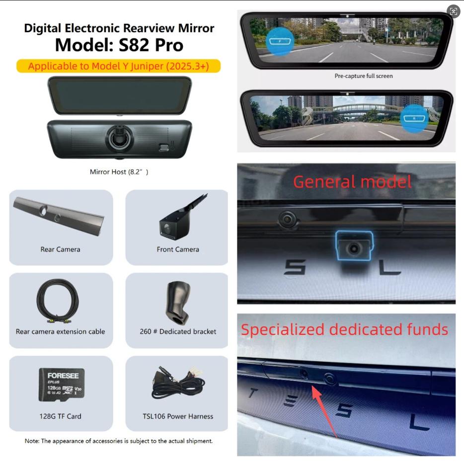 S82 Streaming Rearview Mirror  with Night Vision For Tesla Model 3/Y/3 Highland/Model Y Juniper