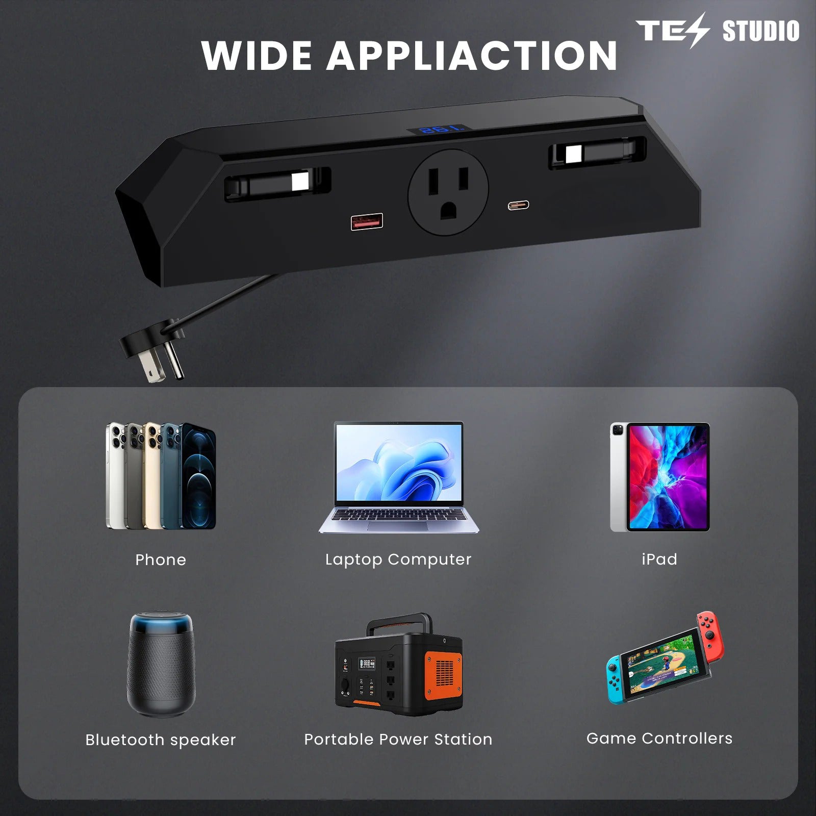 USB Ports Charger Hub with 110V AC Outlet & Retractable Cables For Tesla Cybertruck