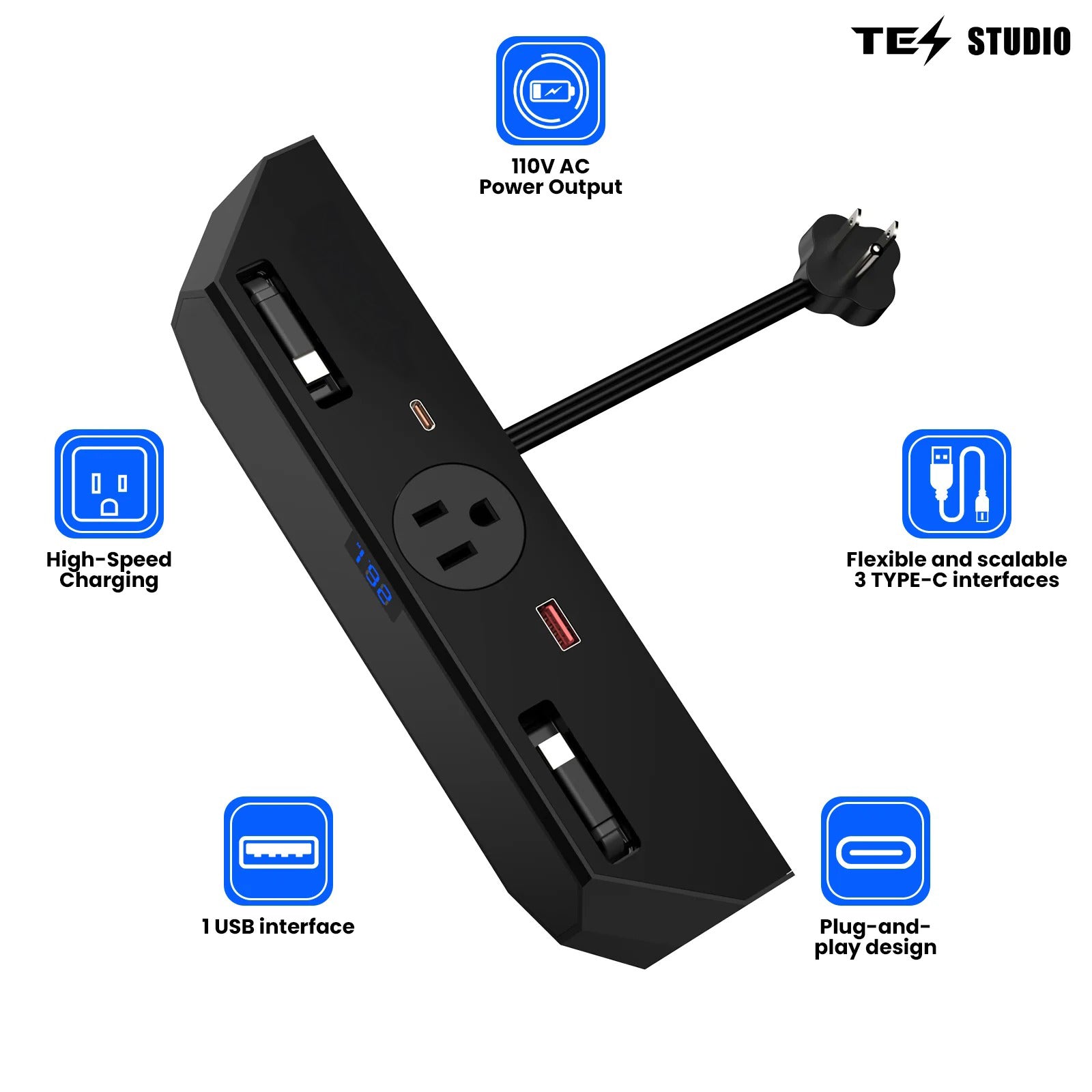 USB Ports Charger Hub with 110V AC Outlet & Retractable Cables For Tesla Cybertruck
