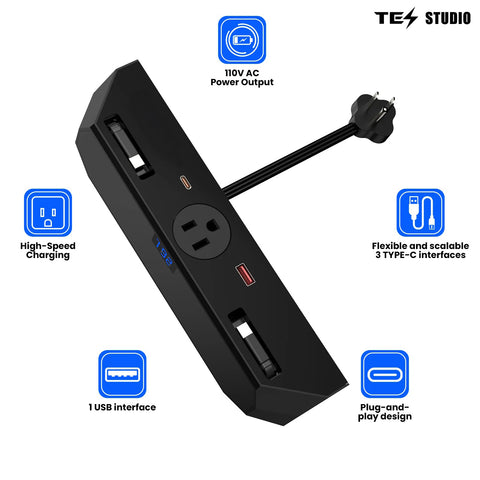 USB Ports Charger Hub with 110V AC Outlet & Retractable Cables For Tesla Cybertruck