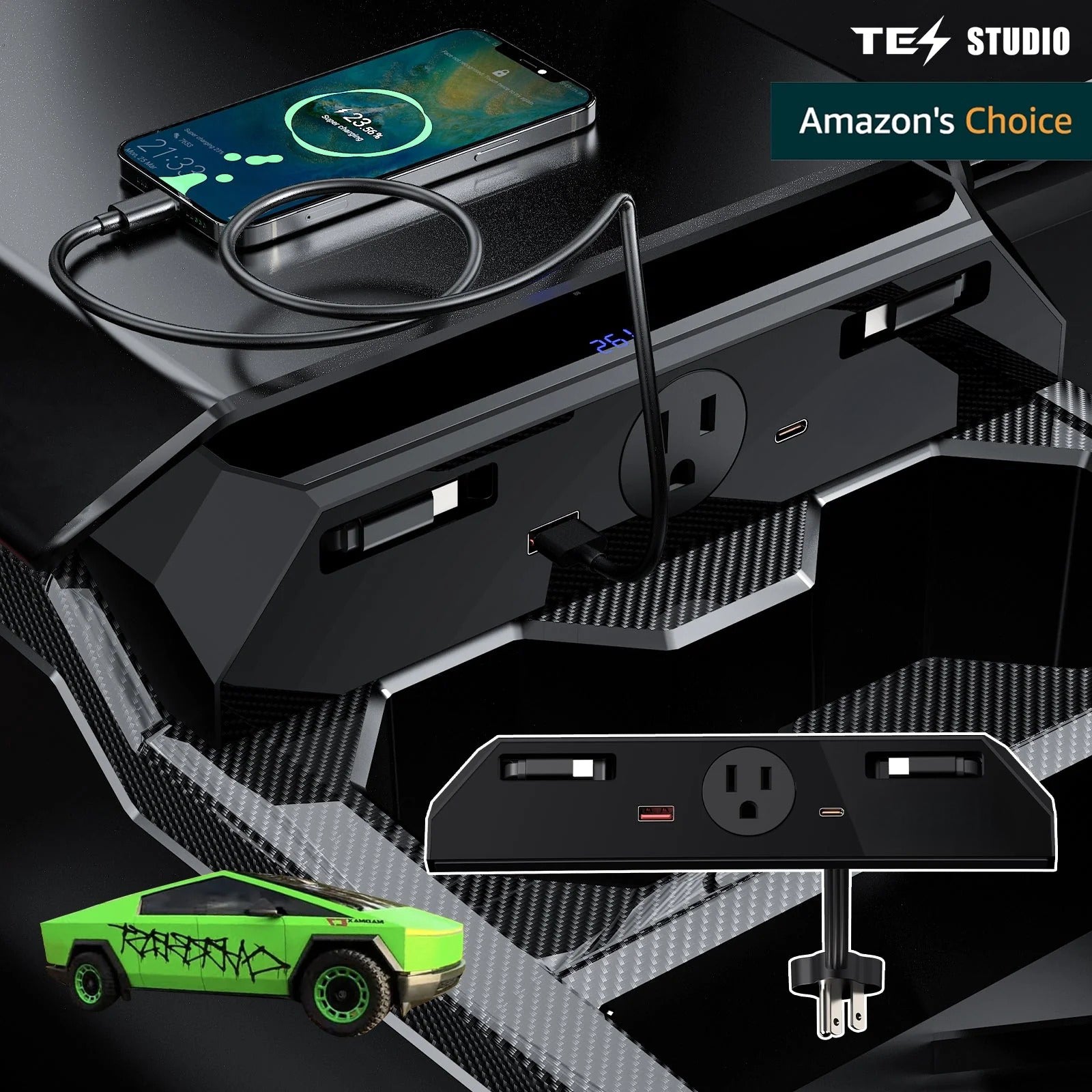 USB Ports Charger Hub with 110V AC Outlet & Retractable Cables For Tesla Cybertruck