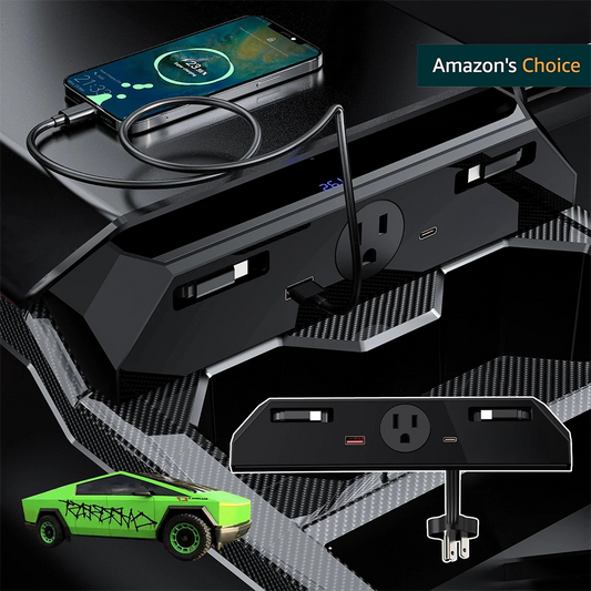 USB Ports Charger Hub with 110V AC Outlet & Retractable Cables For Tesla Cybertruck