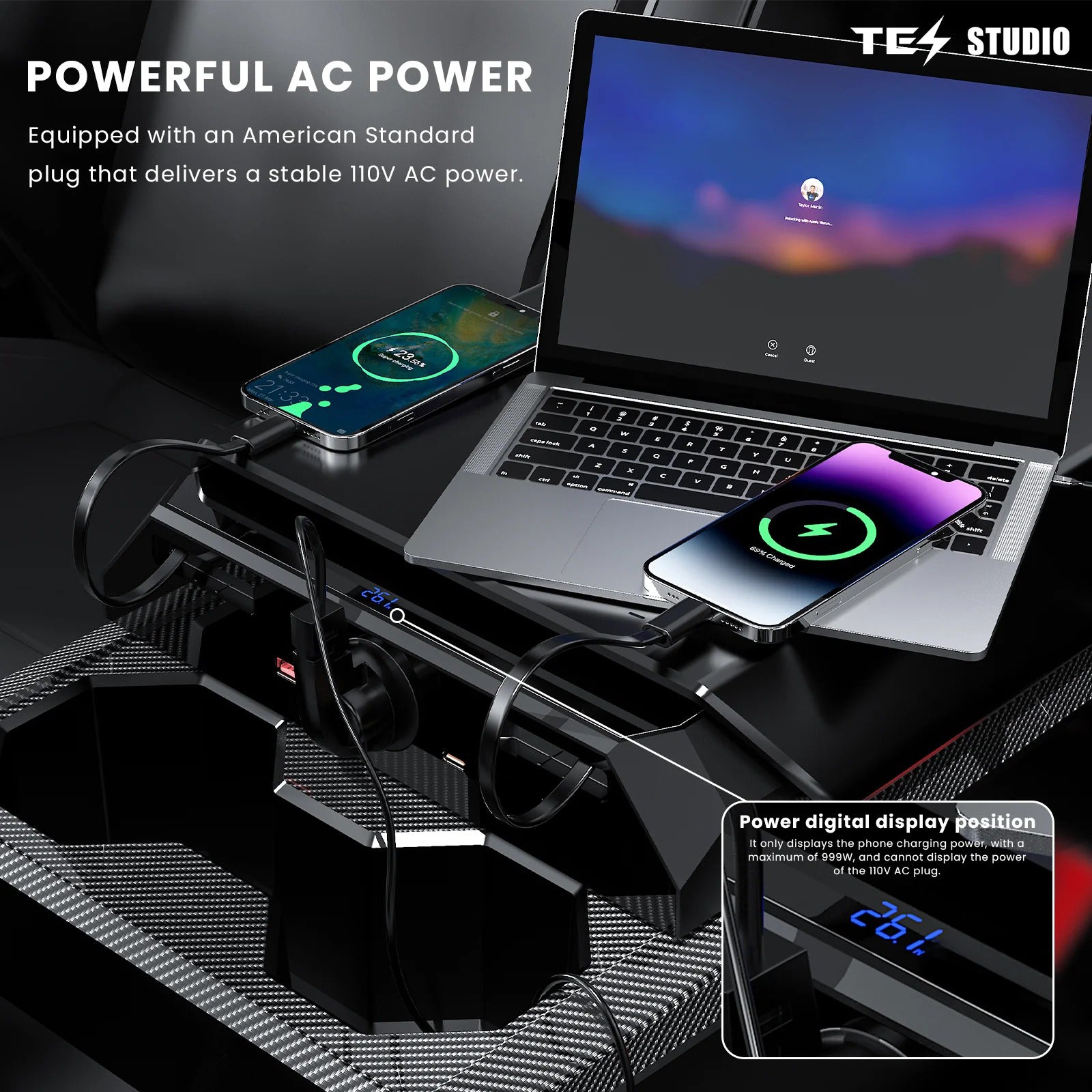 USB Ports Charger Hub with 110V AC Outlet & Retractable Cables For Tesla Cybertruck