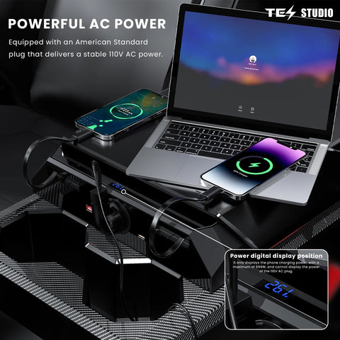 USB Ports Charger Hub with 110V AC Outlet & Retractable Cables For Tesla Cybertruck