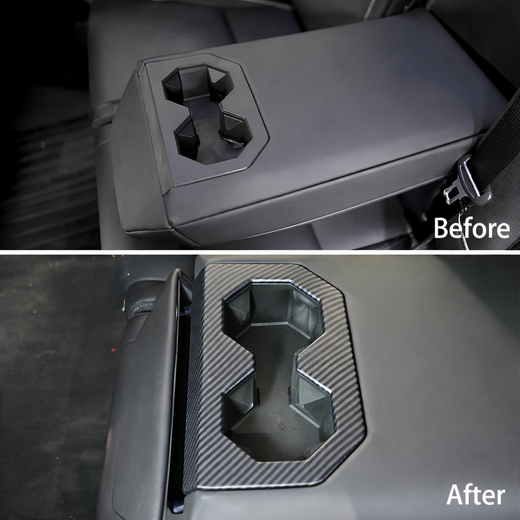 Cybertruck Accessories Rear Seat Cup Holder Frame Trim Cover CTmods® (Carbon Fiber Pattern ABS)